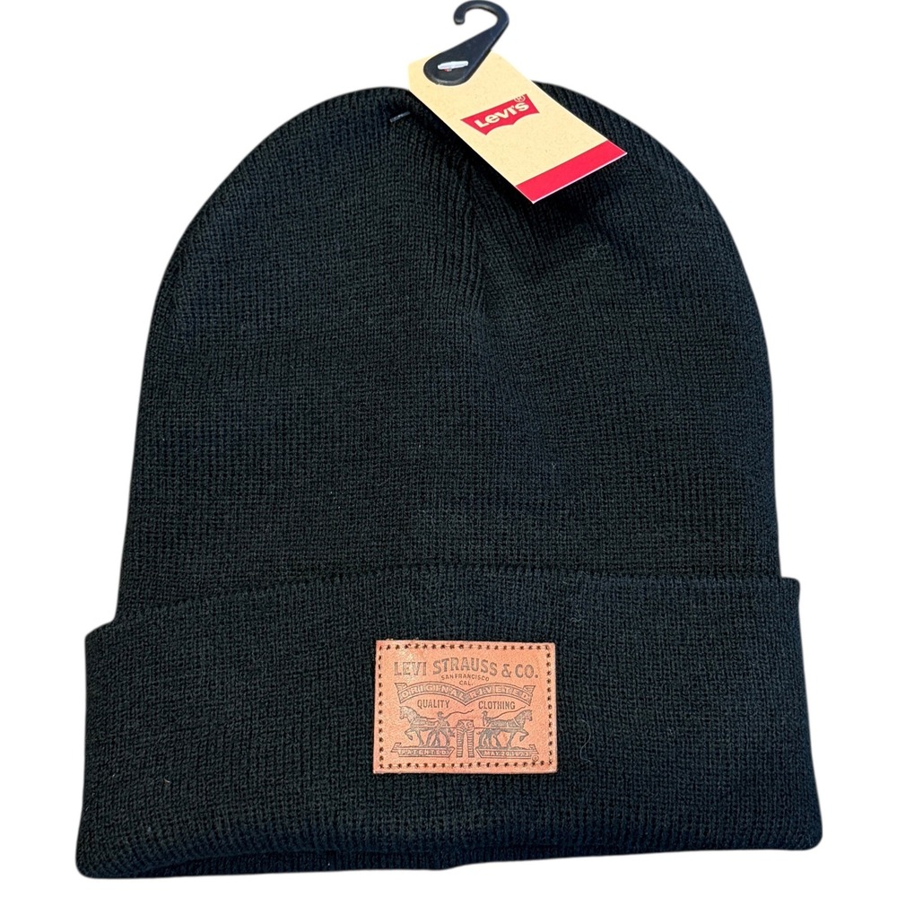 Levi's Beanie Hat Men One Size Black New‎ Cuffed Logo Patch Ribbed Knit
